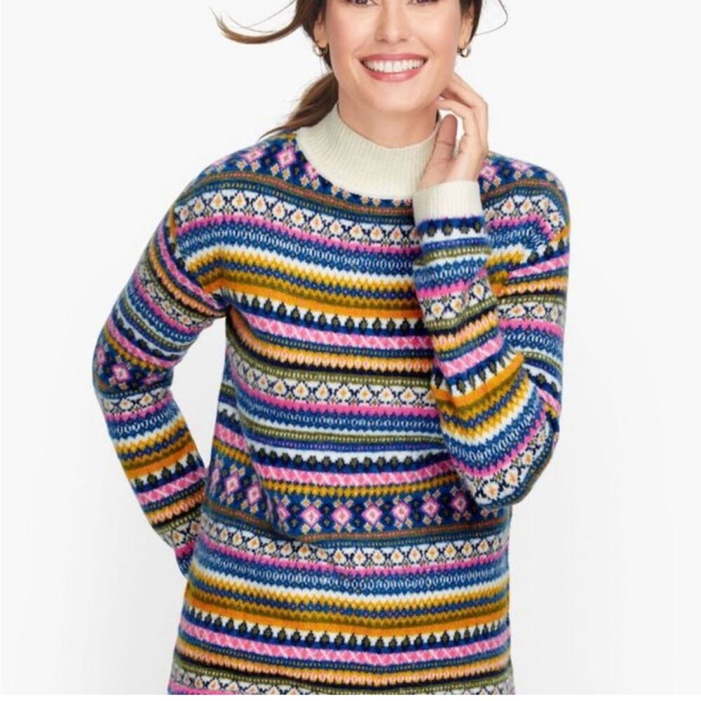 Talbots Fair Isle Mock Neck Colorful Fuzzy Pullover Winter Sweater Size Large
